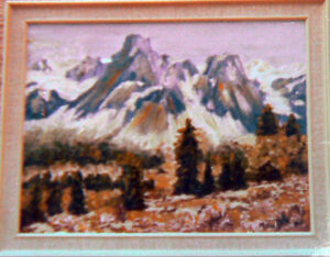 Oil painting of mountain scene