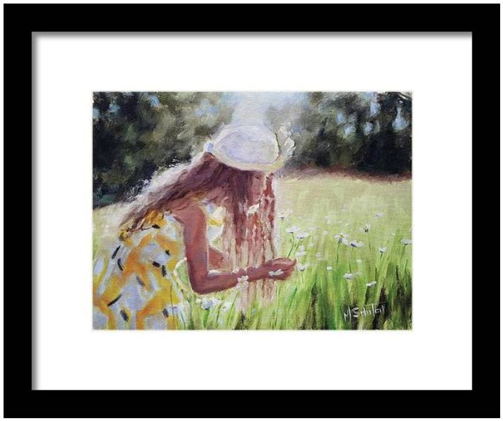 Oil painting of girl picking flowers